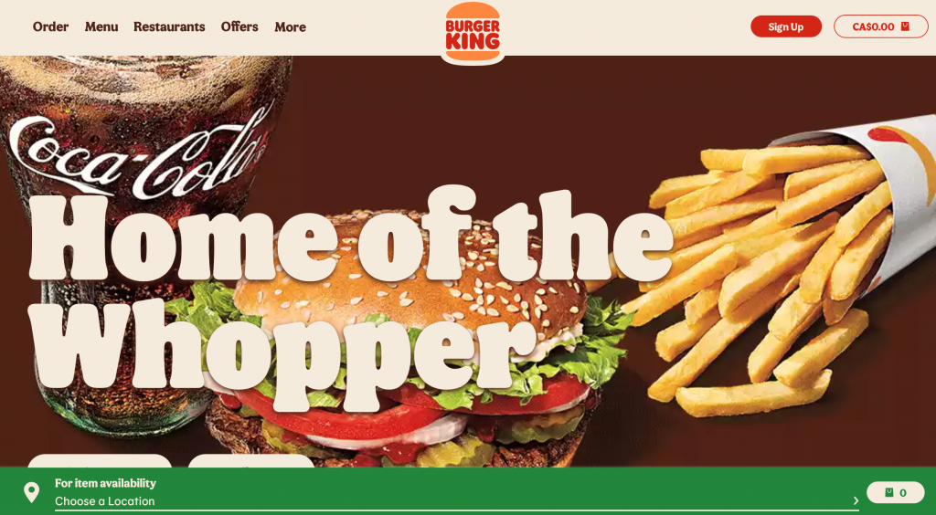 Image of Burger King's Canadian Website's Homepage.